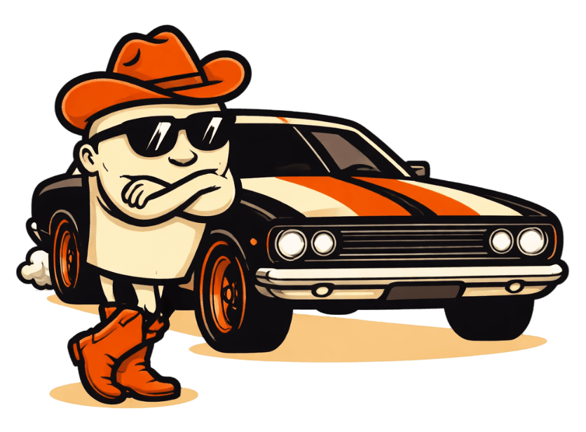 Cowboy mascot leaning on a muscle car